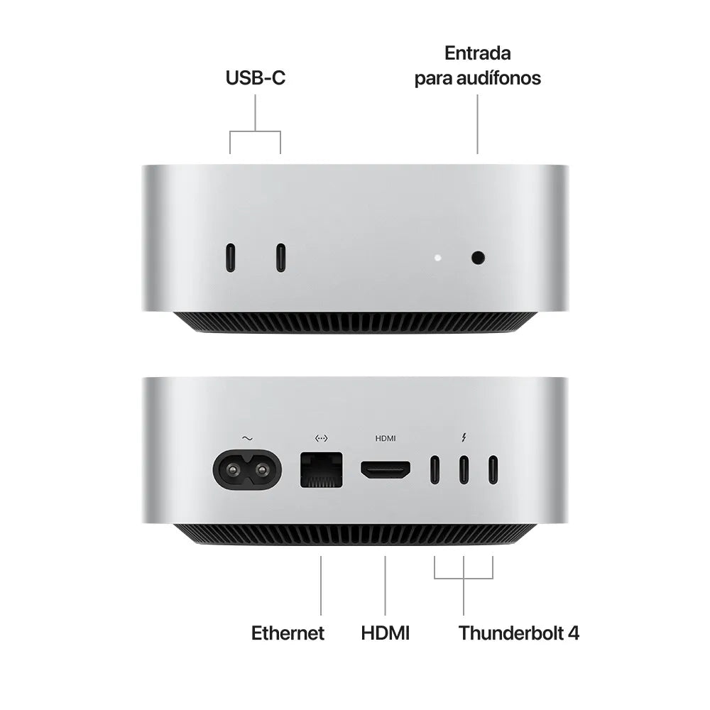 Mac mini Chip M4 semi nuevo color plata con puertos Thunderbolt, HDMI y Ethernet