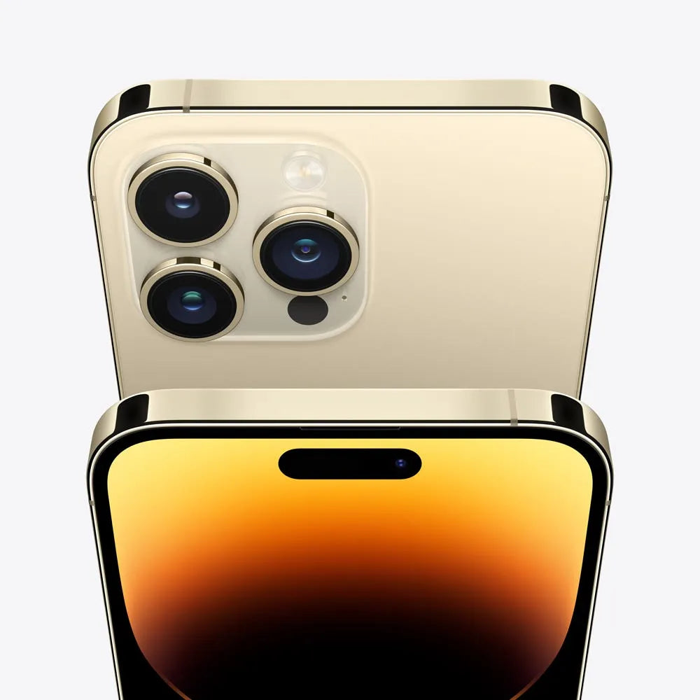 iPhone 14 Pro Max semi nuevo color Oro, vista cámara trasera y pantalla frontal – nixBlix Colombia #Color_Oro
