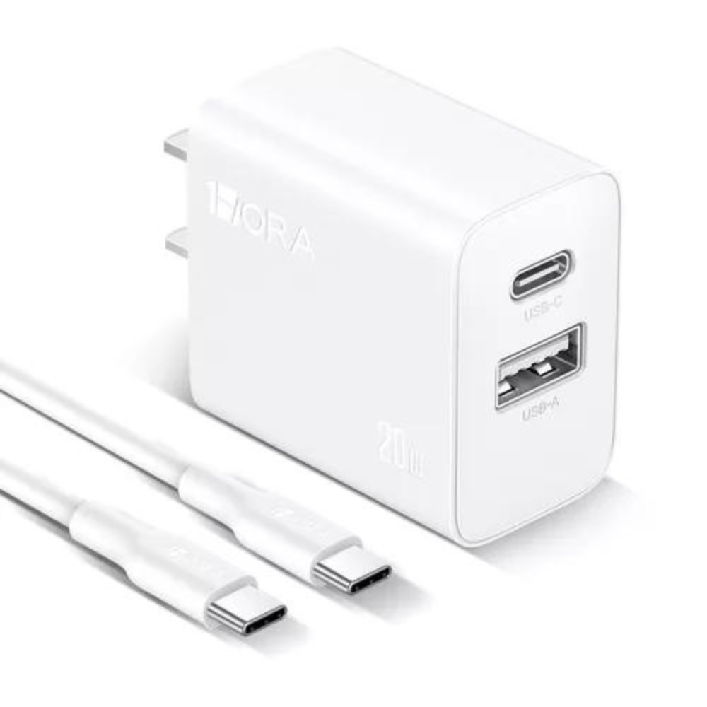 Combo Cargador 1 Hora 20W USB-A y USB-C con Cable - Blanco