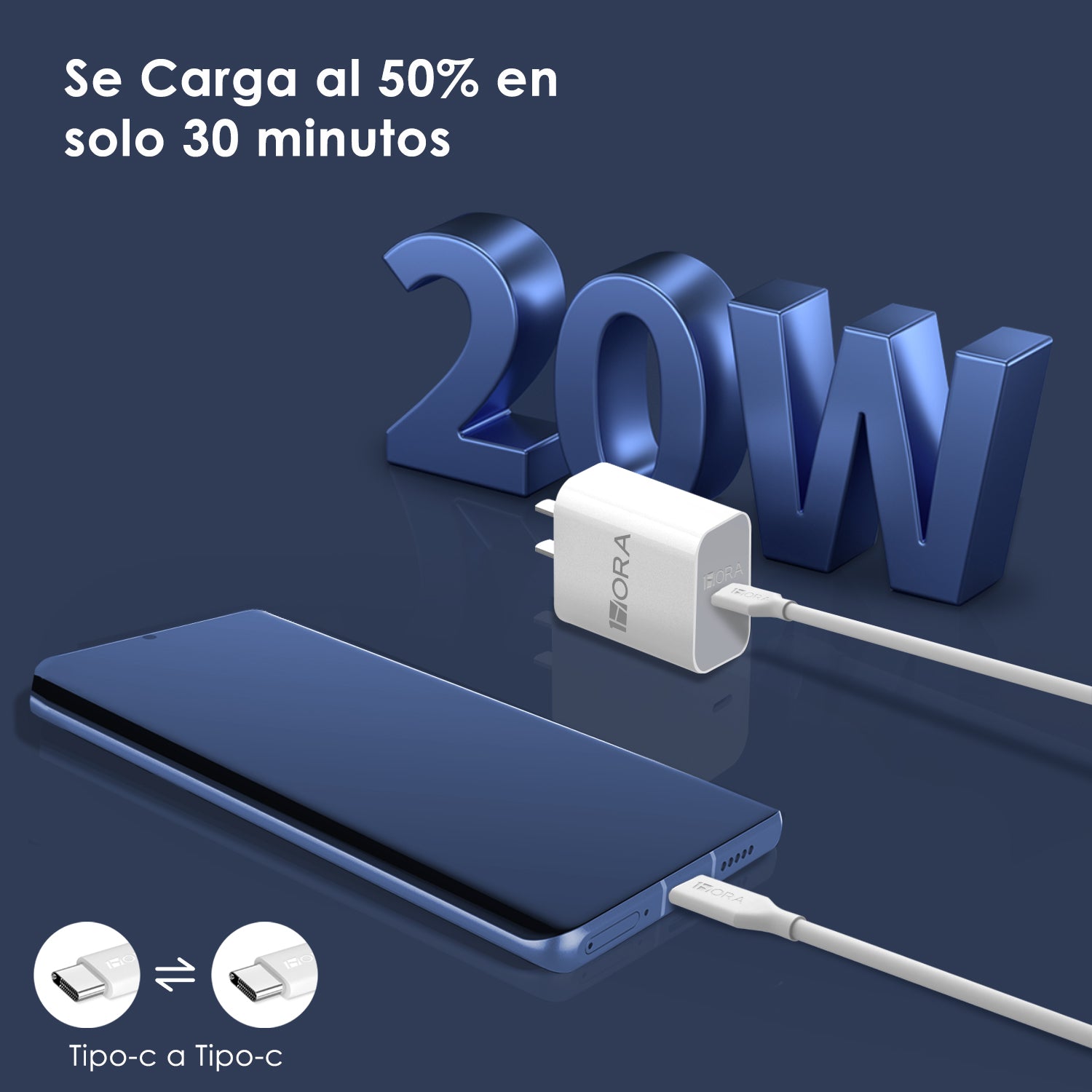 Combo Cargador 1 Hora 20W 3.0 USB-C con Cable - Blanco