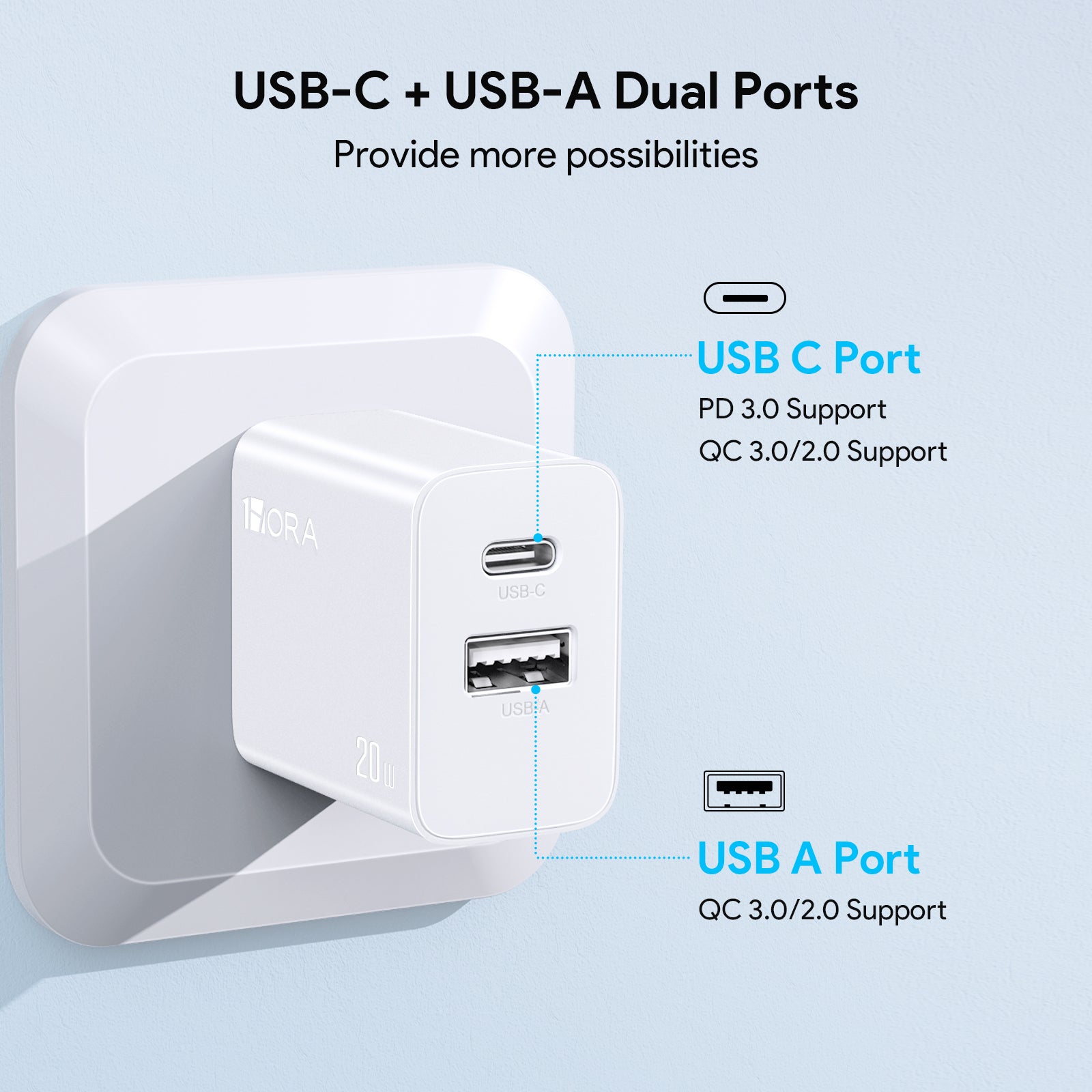 Combo Cargador 1 Hora 20W USB-A y USB-C con Cable - Blanco