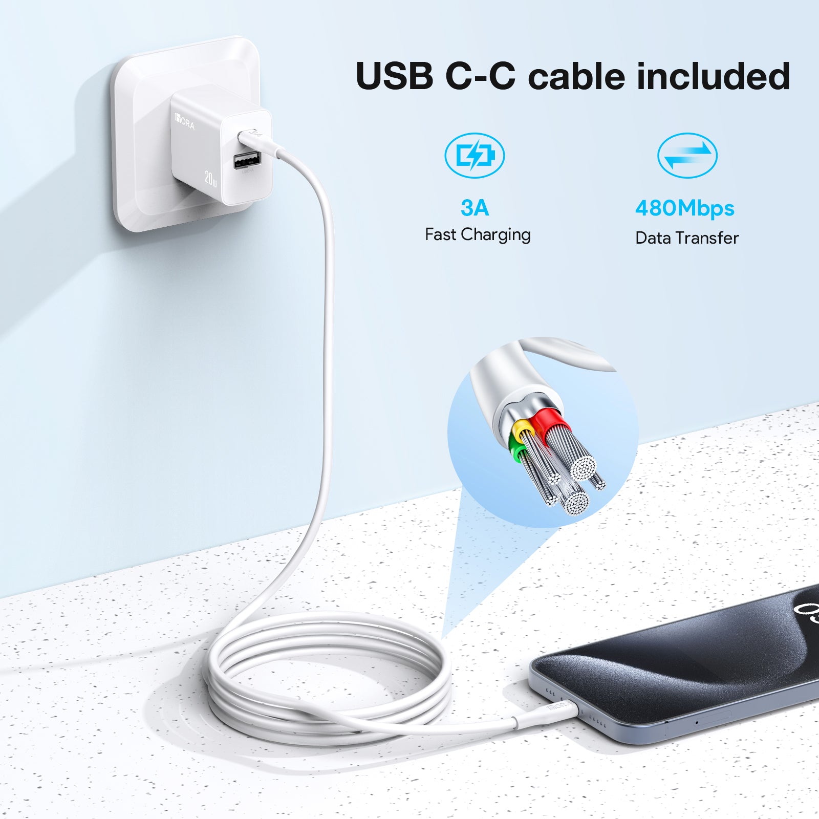 Combo Cargador 1 Hora 20W USB-A y USB-C con Cable - Blanco