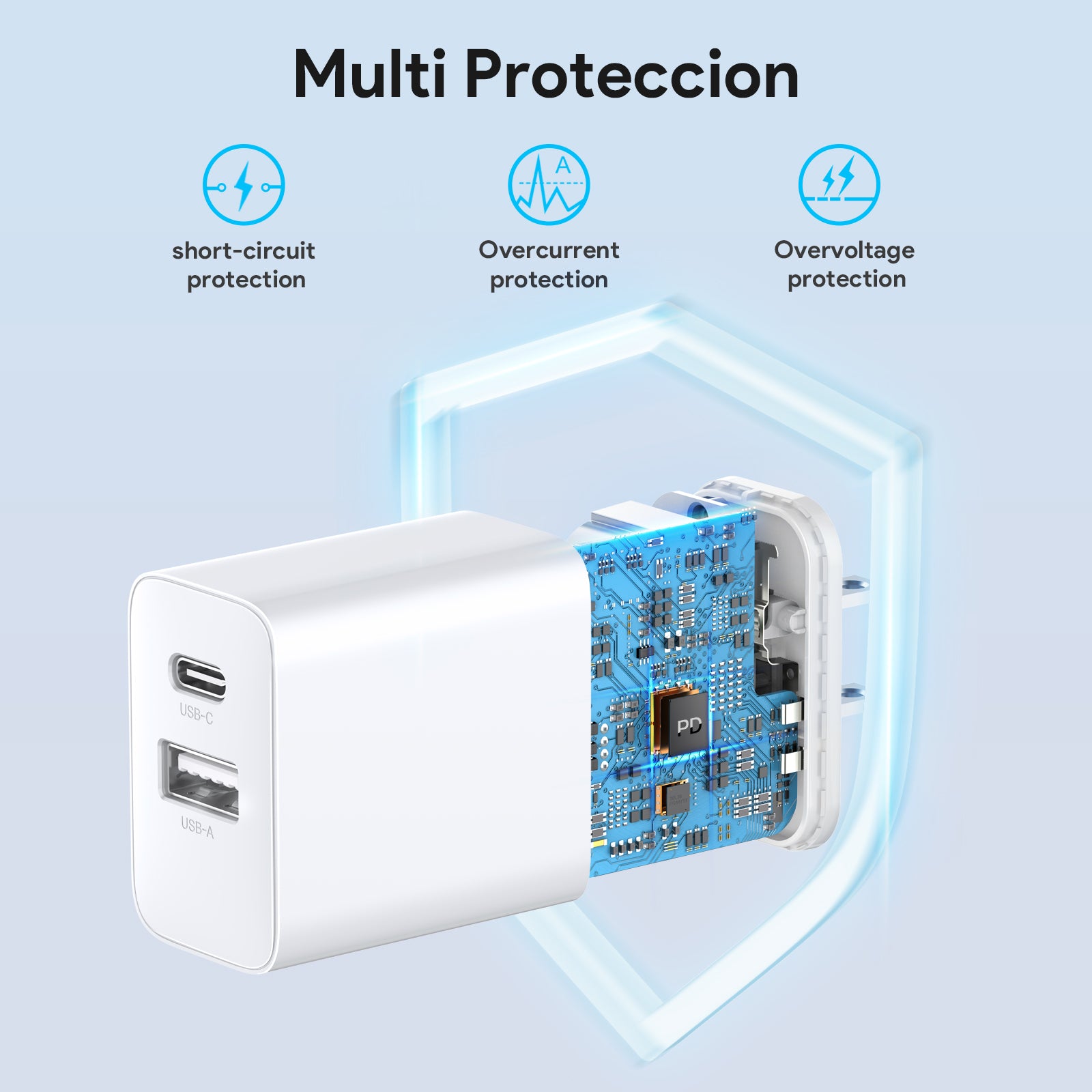 Combo Cargador 1 Hora 20W USB-A y USB-C con Cable - Blanco