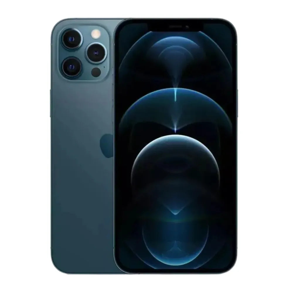 iPhone 12 Pro Max semi nuevo color azul pacífico, vista cámara frontal – nixBlix Colombia